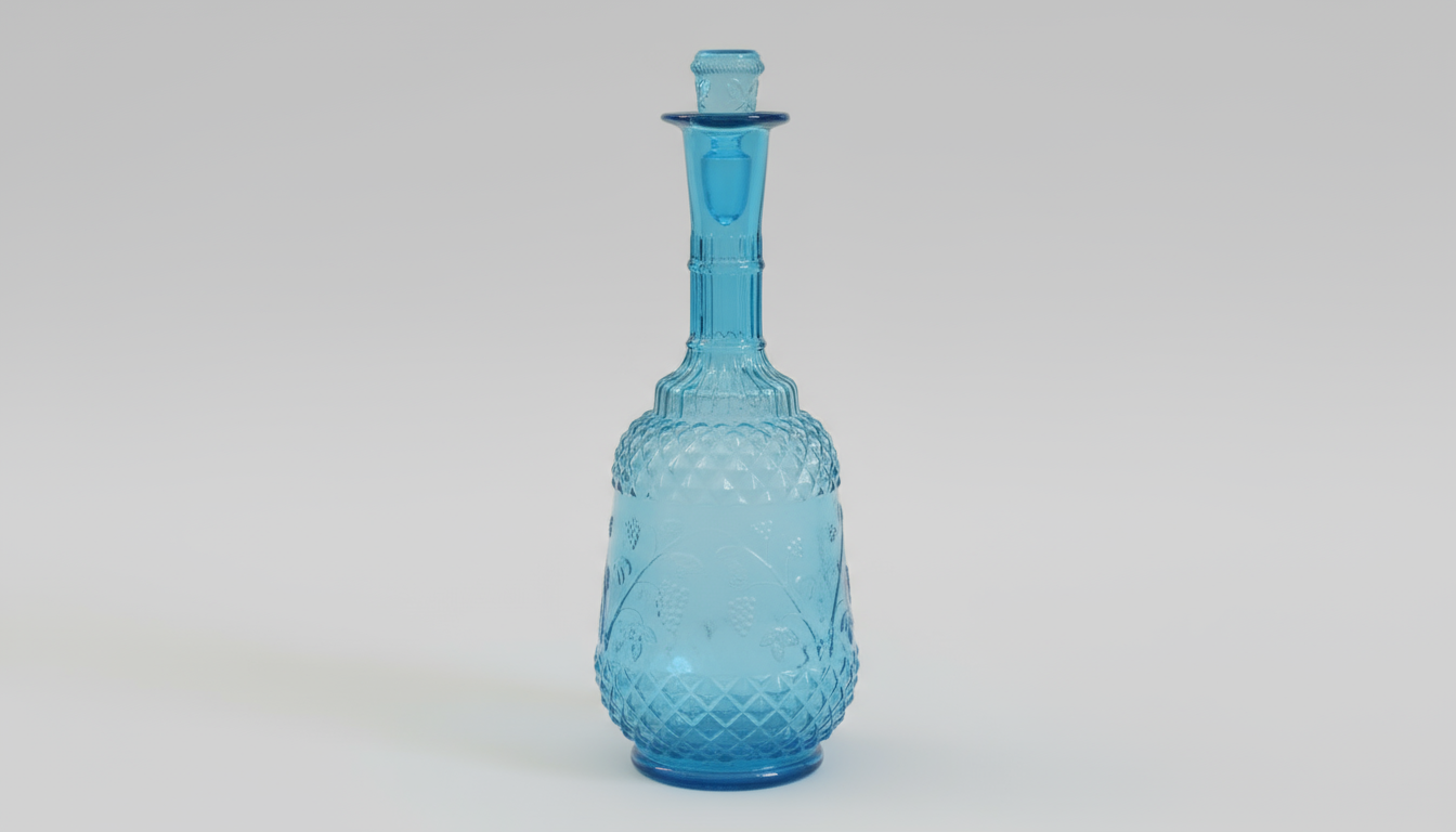 Blå presset glas-karaffel med prop (drue-motiv)