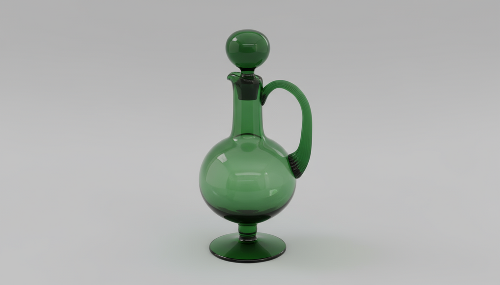 Smaragdgrøn glas-karaffel med fod og kugleprop