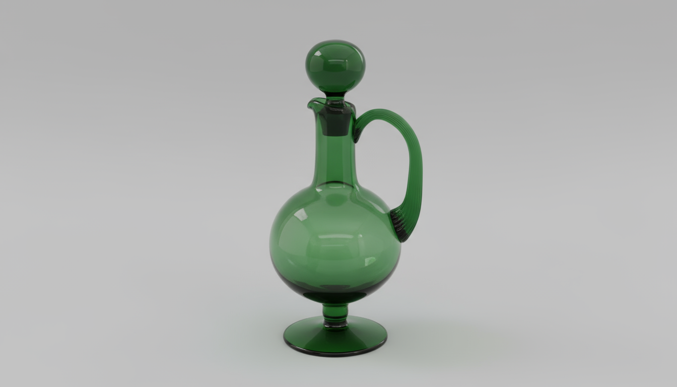 Smaragdgrøn glas-karaffel med fod og kugleprop
