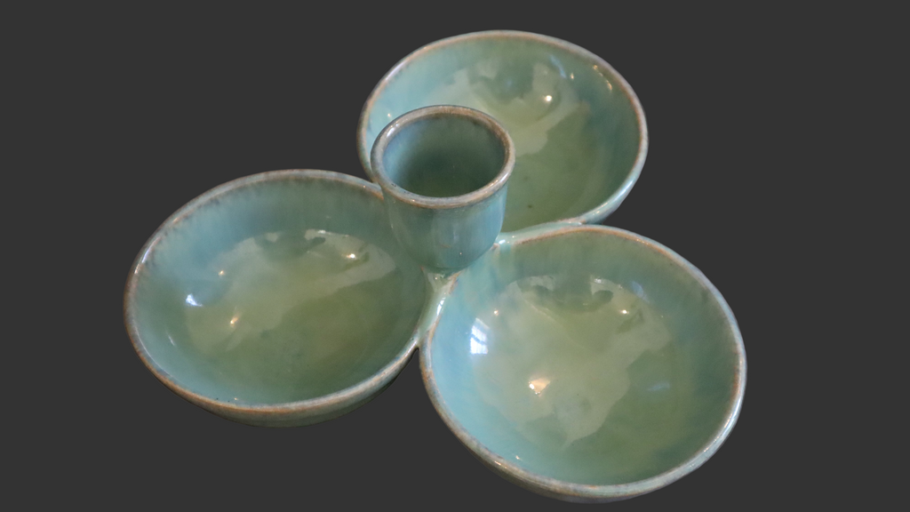 Cevennes trio-skål m. midterkop – blågrøn glasur