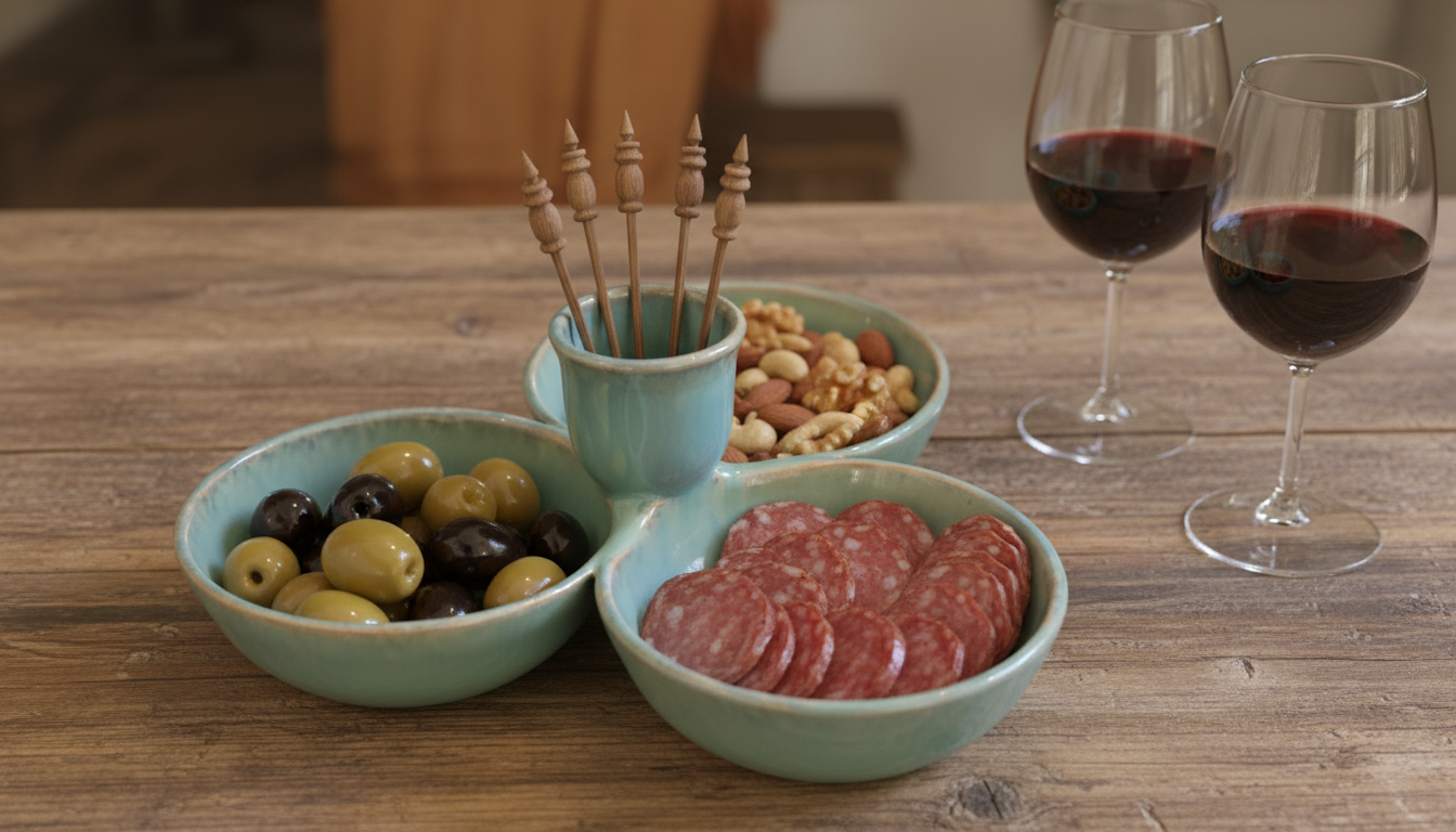 Cevennes trio-skål m. midterkop – blågrøn glasur