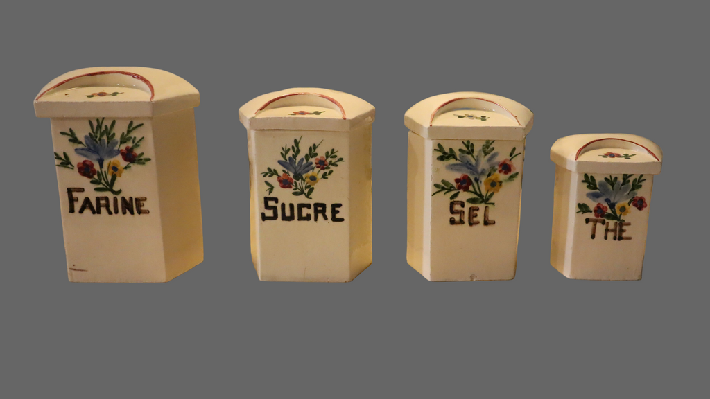 Vallauris “pots à épices” – 4 stk. (FARINE, SUCRE, SEL, THÉ) – håndmalet