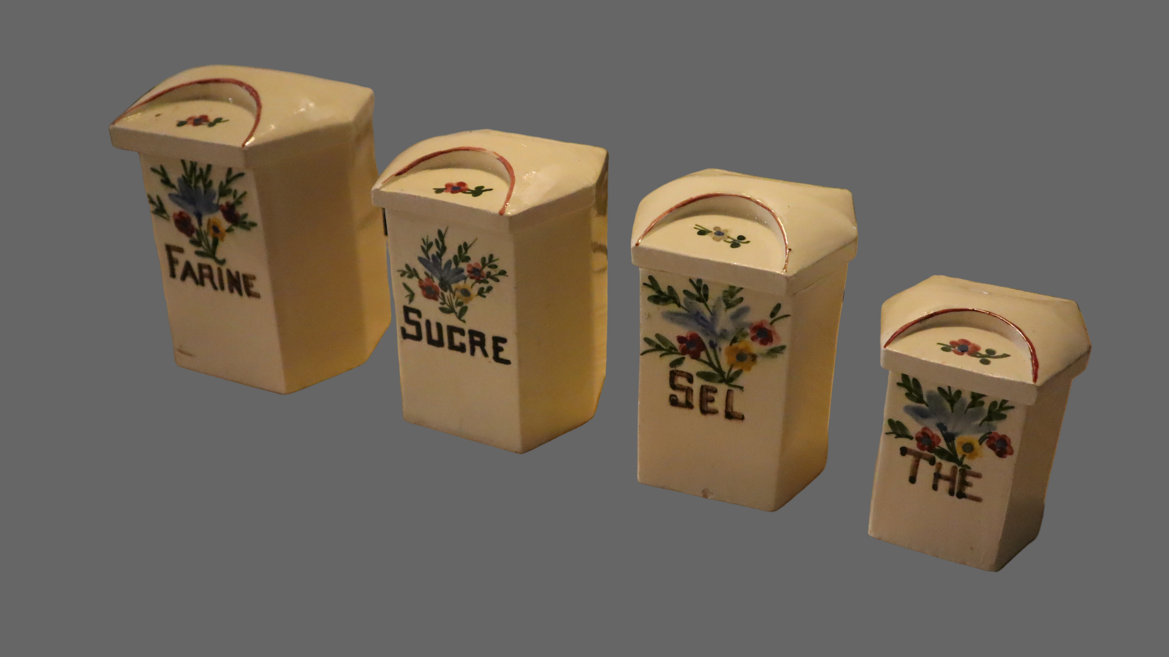 Vallauris “pots à épices” – 4 stk. (FARINE, SUCRE, SEL, THÉ) – håndmalet